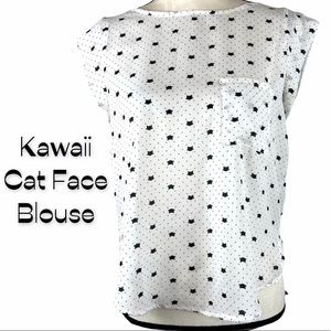 Iris Cat Face Print Cap Sleeve Blouse Kawaii Size S